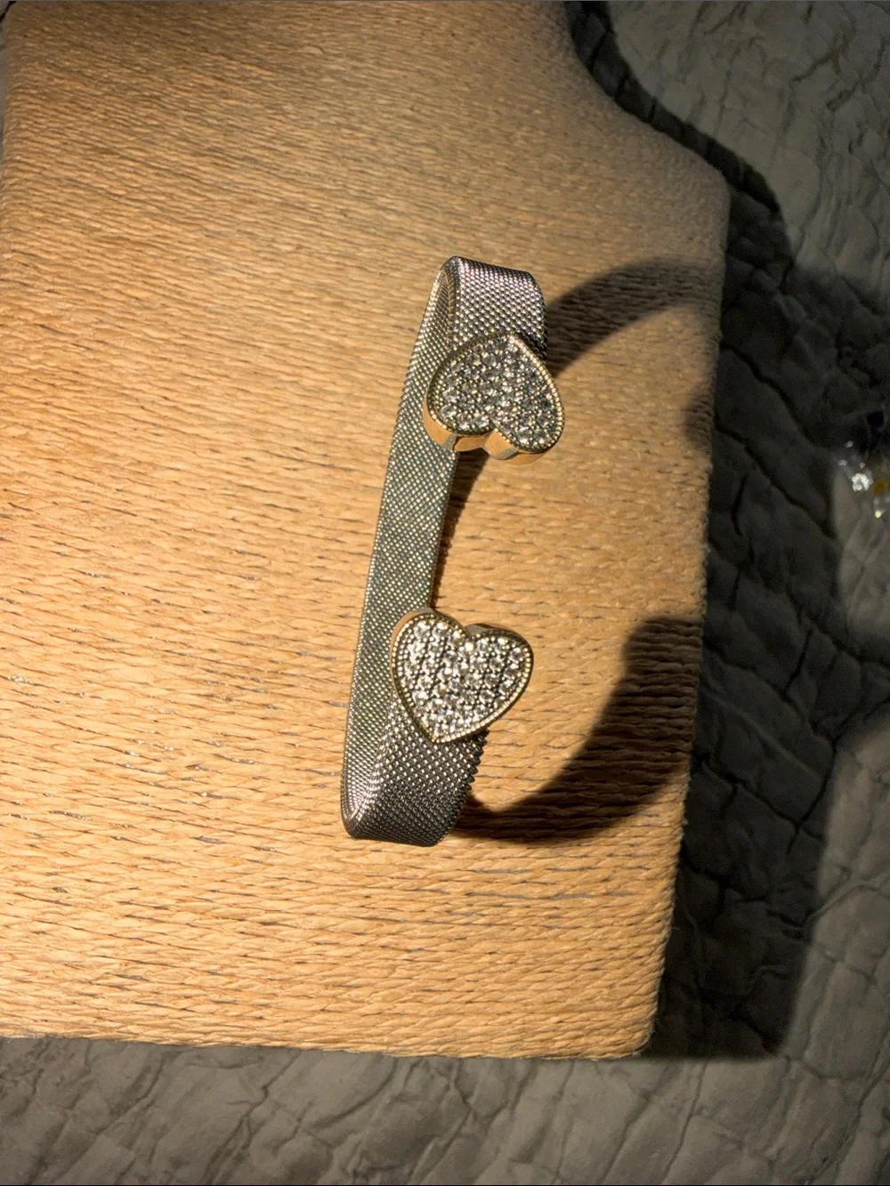 Bracelet two hearts with pave crystals silver mesh finish cuff style